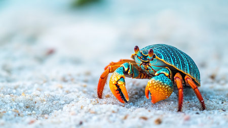 Close-up of a colorful hermit crab exploring a beach. Room for text on the surrounding sandの素材