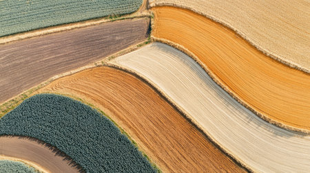 An aerial view of fields divided into various crop sections, with plenty of room for textの素材