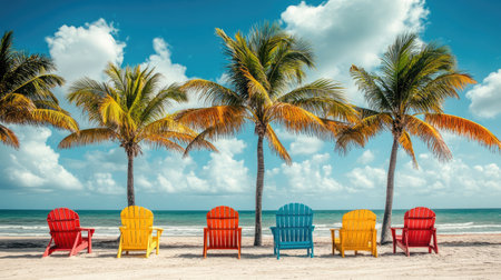 Bright beach chairs set up under palm trees on a tropical beach. Open space for text in the sky aboveの素材