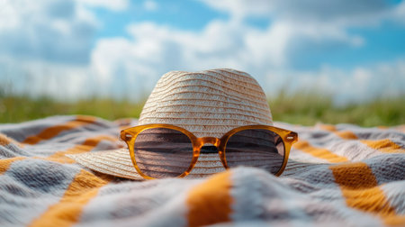 Close-up of a beach hat and sunglasses on a blanket under a clear blue sky. Space for text in the skyの素材