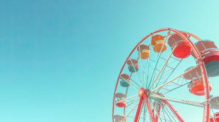 Bright summer fairground with colorful Ferris wheel against a clear blue sky. Room for text in the open skyの素材