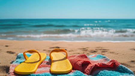Close-up of flip-flops and beach towel on a sandy shore, with ocean in the background. Space for text in the clear skyの素材