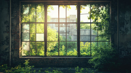 An abandoned warehouse with large, empty windows, framed by nature taking over. Space for text or designsの素材