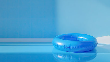 Bright blue swimming pool with inflatable floaties. Ample space for copy in the background. Summer relaxationの素材