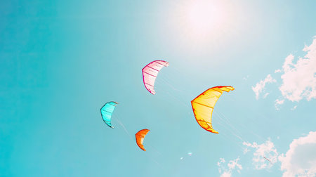 Colorful kites flying high in a bright summer sky. Clear sky with copy space. Joyful outdoor activity sceneの素材