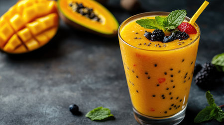Colorful summer smoothie with tropical fruits and fresh mint. Room for copy in the backgroundの素材