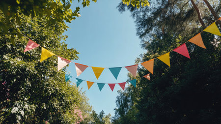 Colorful summer bunting strung between trees at a garden party. Copy space in the clear sky aboveの素材