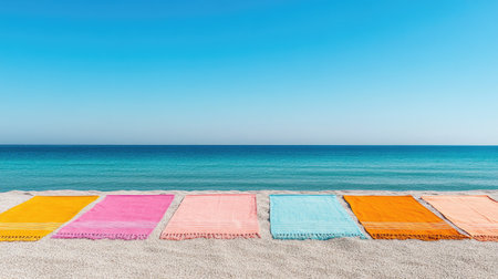 Colorful beach towels laid out on the sand, with a calm ocean in the background. Clear sky for copyの素材
