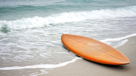 Empty surfboard resting on the sandy shore, with ocean waves in the background. Clear space for copy aboveの素材