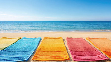 Colorful beach towels laid out on the sand, with a calm ocean in the background. Clear sky for copyの素材