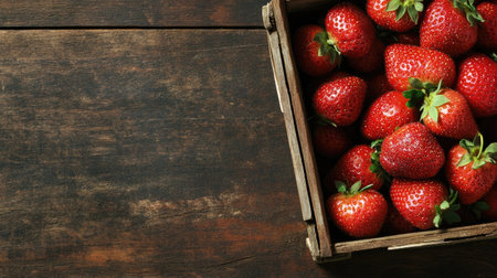 Freshly picked strawberries laid in a wooden crate, with space for your message nearbyの素材