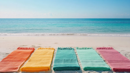 Colorful beach towels laid out on the sand, with a calm ocean in the background. Clear sky for copyの素材