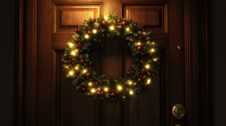Festive wreath with glowing lights on a wooden door, leaving room for textの素材