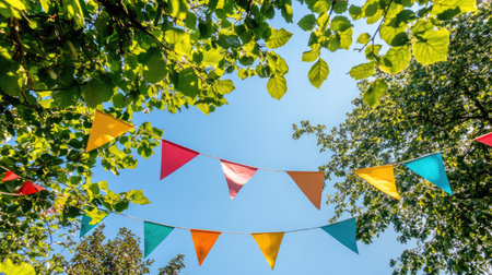Colorful summer bunting strung between trees at a garden party. Copy space in the clear sky aboveの素材