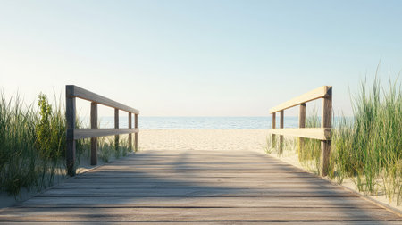 Empty boardwalk leading to the beach, with ample space for copy in the clear summer skyの素材