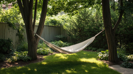 Empty hammock strung between two trees in a summer backyard garden. Space for text in the backgroundの素材
