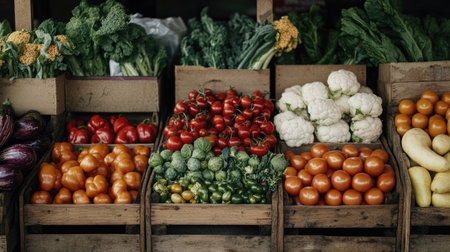 Fresh produce stacked neatly at a farmers market, with open space for your messageの素材