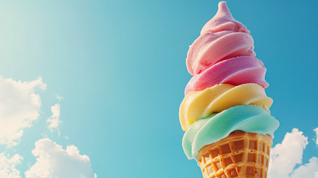 Ice cream cones in vibrant colors against a bright blue summer sky. Ample space for copy in the open skyの素材