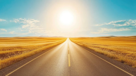 Open road surrounded by golden fields under a bright summer sky. Space for text in the clear skyの素材