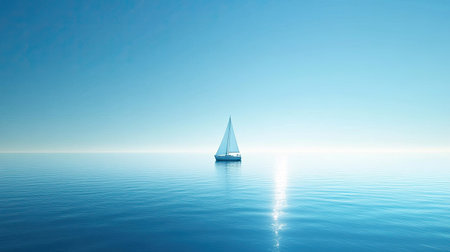 Sailboat anchored on a calm blue sea, with a wide horizon. Space for copy in the clear skyの素材