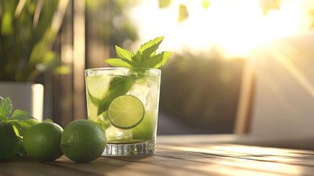 Refreshing mint and lime drink on a summer deck with space for text aboveの素材