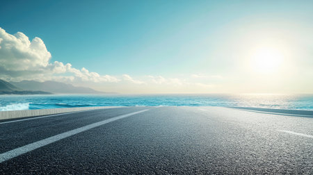 Scenic coastal road with a view of the ocean, with space for text in the bright summer skyの素材