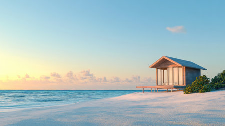 Scenic beachside cabana with ocean views and room for text in the clear skyの素材