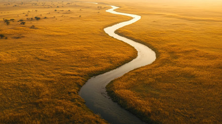 A river winding through an African savanna, leaving room for copy.の素材