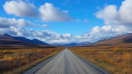 A quiet road through the North American tundra with wide-open skies, leaving room for copy.の素材