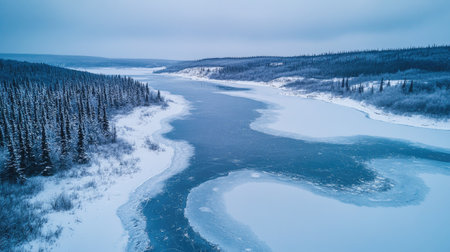 Aerial view of the Canadian tundra with frozen lakes and ample room for copy.の素材