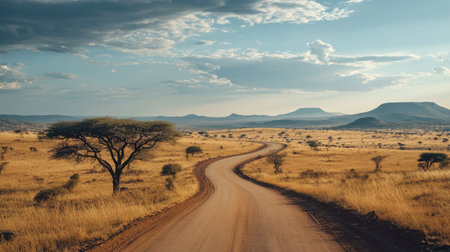 A winding road through African plains with copy space in the sky.の素材