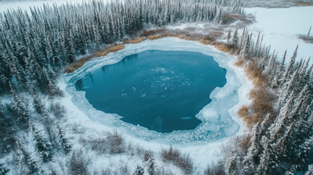 Aerial view of the Canadian tundra with frozen lakes and ample room for copy.の素材