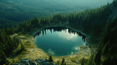 Aerial view of a quiet mountain lake in the Pacific Northwest, leaving room for copy.の素材