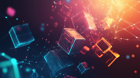 Abstract geometric shapes floating on a gradient tech background with digital connections.の素材