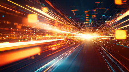 Abstract light streaks and geometric shapes in motion on a futuristic tech background.の素材