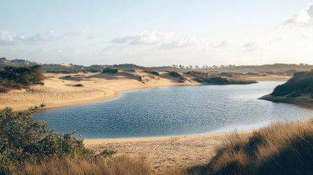 African coastal lagoon surrounded by sand dunes, leaving space for text.の素材