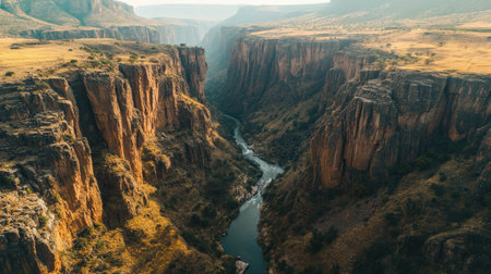 African canyon with a river cutting through it, leaving ample space for copy.の素材