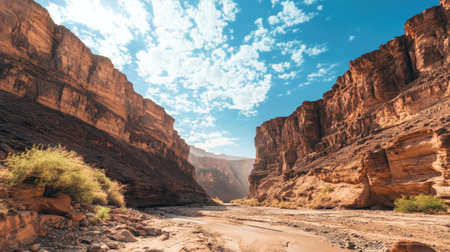 African canyon with a dry riverbed running through it, leaving space for text in the sky.の素材