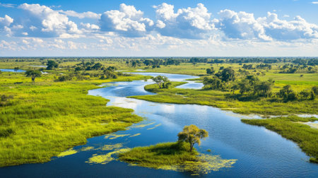 African delta wetlands seen from above, with space for copy in the waterの素材