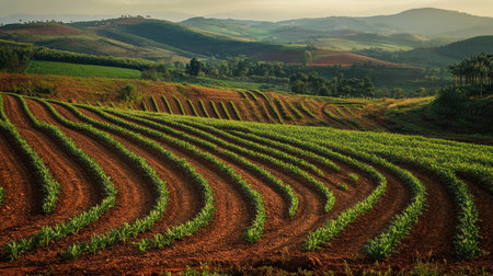 African farmland with neat rows of crops, leaving space for text in the fieldsの素材