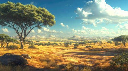 African plateau with a wide horizon and scattered trees, leaving space for copy in the skyの素材