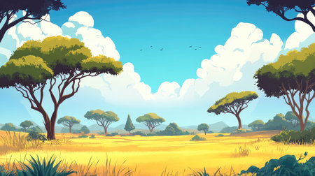 African landscape with scattered trees and a vast sky, leaving ample room for textの素材