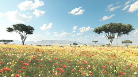 African plains with wildflowers in bloom, leaving space for text in the skyの素材