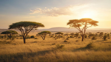 African savanna dotted with acacia trees and a clear sky, with space for copyの素材