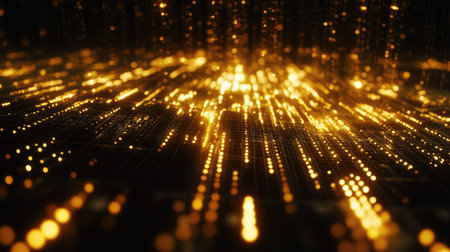 Digital grid glowing with data streams, perfect for tech process visualsの素材
