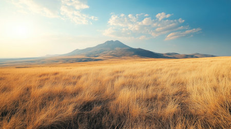 African steppe landscape with dry grasses and a distant mountain, leaving room for textの素材