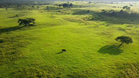 African wildlife reserve seen from above, with open space for copy in the grasslandの素材