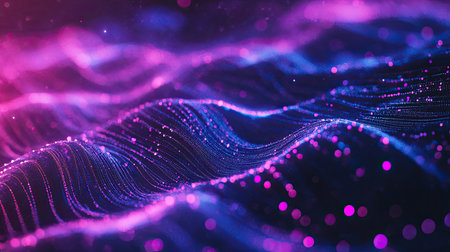 Dynamic digital waves flowing across a neon gradient background for tech visualsの素材