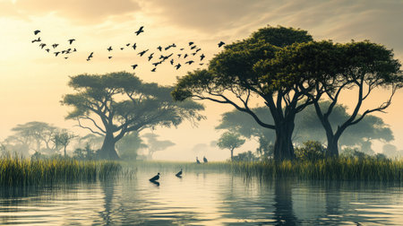 African wetland with birds perched on trees, leaving space for copy above the waterの素材