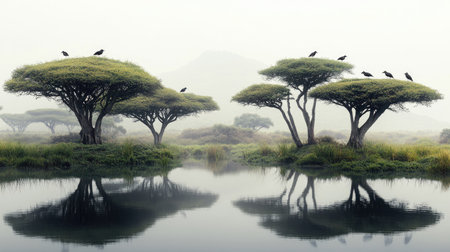 African wetland with birds perched on trees, leaving space for copy above the waterの素材